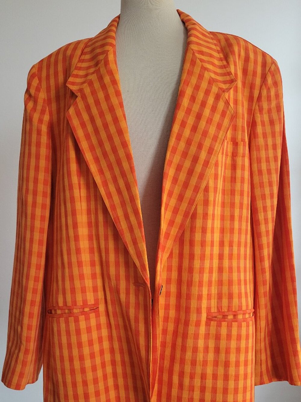 Vintage Anne Klein II Orange Checkered Linen & Rayon Blazer
